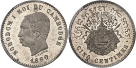 CAMBODGE - CAMBODIA
Norodom Ier (1860-1904). Épreuve de cinq centimes (sans ESSAI), sur flan en bronze argenté, Frappe spéciale (SP) 1860, Bruxelles (...