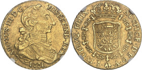 CHILI - CHILE
Charles III (1759-1788). 8 escudos “à la tête de rat” 1771 A, S°, Santiago.
Av. CAROLUS. III. D. G. - HISP. ET. IND. REX. Buste drapé et...