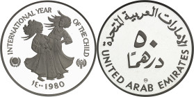 EMIRATS ARABES UNIS - UNITED ARAB EMIRATES
État fédéral (depuis 1971). Piéfort de 50 dirhams, Année internationale de l’enfant de 1979 (IYC) AH 1400 -...