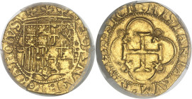 ESPAGNE - SPAIN
Jeanne et Charles (1504-1555). Écu ND (avant 1550) D-S, S, Séville.
Av. IOANA° ET° KAROLVS. Écu parti et couronné, accosté de (différe...