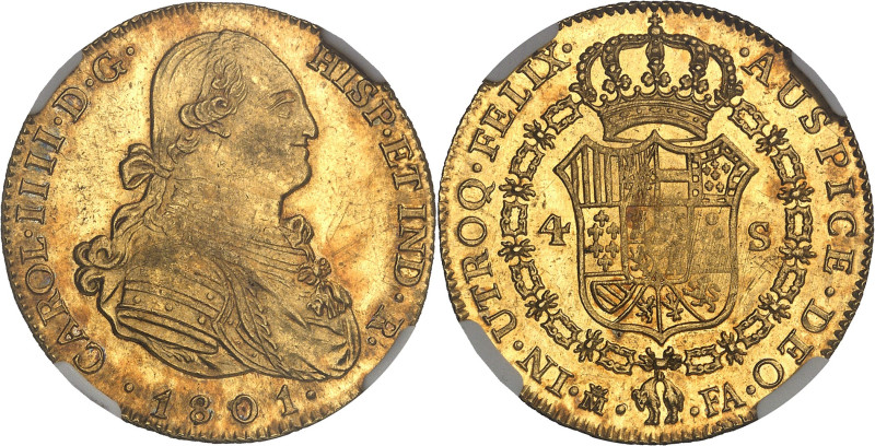 ESPAGNE - SPAIN
Charles IV (1788-1808). 4 escudos 1801/1791 FA, M couronnée, Mad...