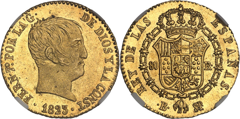 ESPAGNE - SPAIN
Ferdinand VII (1808-1833). 80 réales 1823 SP, B, Barcelone.
Av. ...
