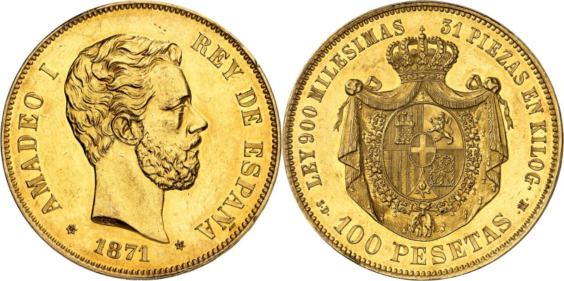 ESPAGNE - SPAIN
Amédée Ier (1870-1873). 100 pesetas, frappe en or jaune, tranch...