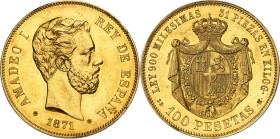 ESPAGNE - SPAIN
Amédée Ier (1870-1873). 100 pesetas, frappe en or jaune, tranche en relief JUSTICIA Y LIBERTAD 1871, M, Madrid.
Av. AMEDEO I REY DE ...