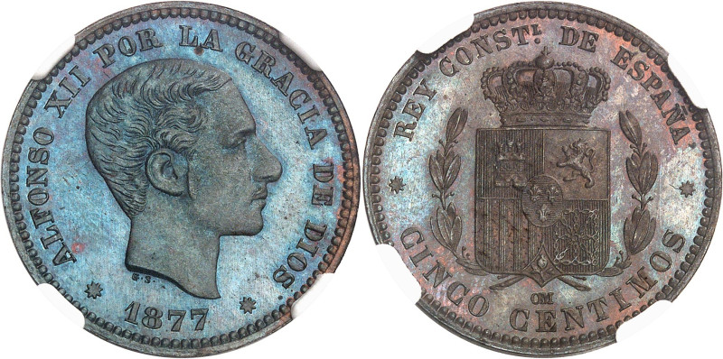 ESPAGNE - SPAIN
Alphonse XII (1874-1885). 5 centimes, Flan bruni (PROOF) 1877 OM...