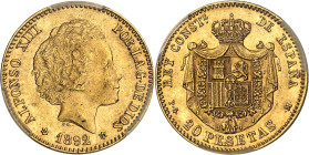 ESPAGNE - SPAIN
Alphonse XIII (1886-1931). 20 pesetas, buste adolescent 1892 (18-92) PG, M, Madrid.
Av. ALFONSO XIII POR LA G. DE DIOS. Tête nue à dro...