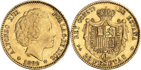 ESPAGNE - SPAIN
Alphonse XIII (1886-1931). 20 pesetas, buste adolescent 1892 (18-92) PG, M, Madrid.
Av. ALFONSO XIII POR LA G. DE DIOS. Tête nue à dro...