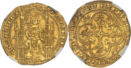 FRANCE / CAPÉTIENS - FRANCE / ROYAL
Philippe VI (1328-1350). Lion d’or ND (1338).
Av. Le roi assis dans une stalle gothique avec baldaquin, tenant un ...