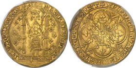 FRANCE / CAPÉTIENS - FRANCE / ROYAL
Charles V (1364-1380). Franc à pied ND (1365).
Av. KAROLVSx DIx GR - FRANCORVx REX. Le Roi, couronné, debout sous ...