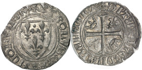 FRANCE / CAPÉTIENS - FRANCE / ROYAL
Charles VI (1380-1422). Blanc dit Guénar, 6e émission ND (1417), Villeneuve-lès-Avignon.
Av. (croisette bâtonnée) ...