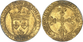 FRANCE / CAPÉTIENS - FRANCE / ROYAL
Charles VIII (1483-1498). Écu d’or au soleil, 1ère émission ND (1483-1494), Toulouse.
Av. (couronnelle) KAROLVS (d...