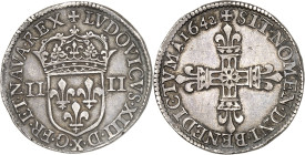 FRANCE / CAPÉTIENS - FRANCE / ROYAL
Louis XIII (1610-1643). Quart d’écu, 1er type, avec l’écu de face 1642, X, Amiens.
Av. (à 12 h) + LVDOVICVS. XIII....