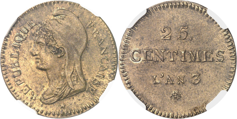 FRANCE
Convention (1792-1795). Essai de 25 centimes Dupré en laiton An 3 (1794-1...