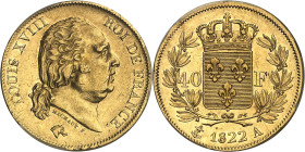 FRANCE
Louis XVIII (1814-1824). 40 francs 1822, A, Paris.
Av. LOUIS XVIII ROI DE FRANCE. Tête nue de Louis XVIII à droite, au-dessous signature MICHAU...
