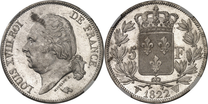 FRANCE
Louis XVIII (1814-1824). 5 francs buste nu 1822, W, Lille.
Av. LOUIS XVII...