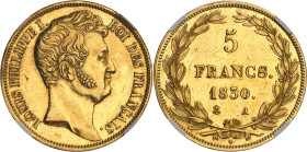 FRANCE
Louis-Philippe Ier (1830-1848). Essai de 5 francs Hors concours, en Or, par Galle, tranche lisse 1830, A, Paris.
Av. LOUIS PHILIPPE I. - ROI DE...