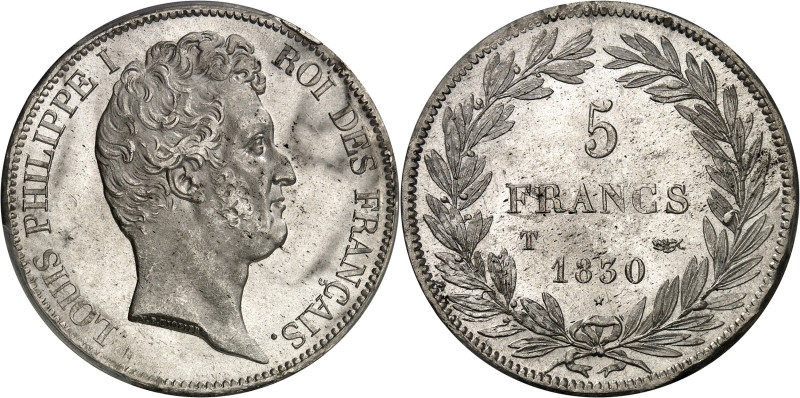 FRANCE
Louis-Philippe Ier (1830-1848). 5 francs tête nue, tranche en creux 1830,...