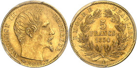 FRANCE
Second Empire / Napoléon III (1852-1870). 5 francs tête nue petit module, tranche cannelée 1854, A, Paris.
Av. NAPOLEON III EMPEREUR. Tête nu...