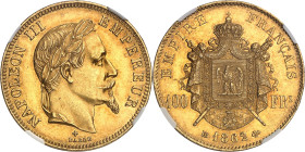 FRANCE
Second Empire / Napoléon III (1852-1870). 100 francs tête laurée 1862, BB, Strasbourg.
Av. NAPOLEON III EMPEREUR. Tête laurée à droite, au-de...