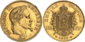 FRANCE
Second Empire / Napoléon III (1852-1870). 100 francs tête laurée 1863, BB, Strasbourg.
Av. NAPOLEON III EMPEREUR. Tête laurée à droite, au-de...