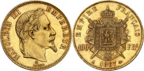 FRANCE
Second Empire / Napoléon III (1852-1870). 100 francs tête laurée 1867, A, Paris.
Av. NAPOLEON III EMPEREUR. Tête laurée à droite, au-dessous ...