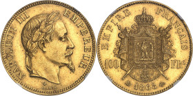 FRANCE
Second Empire / Napoléon III (1852-1870). 100 francs tête laurée 1868, BB, Strasbourg.
Av. NAPOLEON III EMPEREUR. Tête laurée à droite, au-de...