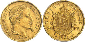 FRANCE
Second Empire / Napoléon III (1852-1870). 20 francs tête laurée 1869, BB, Strasbourg.
Av. NAPOLEON III EMPEREUR. Tête laurée à droite, au-des...