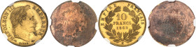FRANCE
Second Empire / Napoléon III (1852-1870). Paire d’essais unifaces en bronze doré de 10 francs tête laurée, par Albert Barre, Flan bruni (PROOF...