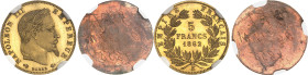 FRANCE
Second Empire / Napoléon III (1852-1870). Paire d’essais unifaces en bronze doré de 5 francs tête laurée, par Albert Barre, Flan bruni (PROOF)...