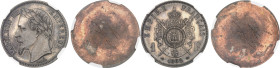 FRANCE
Second Empire / Napoléon III (1852-1870). Paire d’essais unifaces en bronze argenté de 1 franc tête laurée, par Albert Barre, Flans brunis (PR...