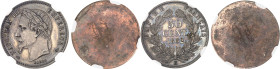 FRANCE
Second Empire / Napoléon III (1852-1870). Paire d’essais unifaces en bronze argenté de 50 centimes tête laurée, par Albert Barre, Flan bruni (...