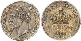 FRANCE
Second Empire / Napoléon III (1852-1870). 50 centimes tête laurée 1866, BB, Strasbourg.
Av. (différent) NAPOLEON III - EMPEREUR (différent). ...