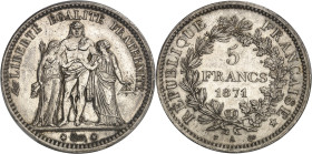 FRANCE
Gouvernement de Défense Nationale (1870-1871). 5 francs Hercule, Camélinat 1871, A, Paris.
Av. LIBERTÉ ÉGALITÉ FRATERNITÉ. Hercule entre la L...