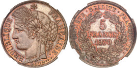 FRANCE
Gouvernement de Défense Nationale (1870-1871). Essai de 5 francs Cérès avec légende, en bronze, tranche lisse 1870, A, Paris.
Av. RÉPUBLIQUE ...