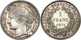 FRANCE
Gouvernement de Défense Nationale (1870-1871). 1 franc Cérès, Frappe spéciale (SP) 1871, A, Paris.
Av. RÉPUBLIQUE FRANÇAISE. Tête de la Répub...