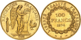 FRANCE
IIIe République (1870-1940). 100 francs Génie 1894, A, Paris.
Av. RÉPUBLIQUE FRANÇAISE. Génie ailé de la République debout à droite, gravant ...