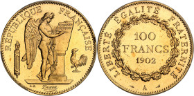 FRANCE
IIIe République (1870-1940). 100 francs Génie 1902, A, Paris.
Av. RÉPUBLIQUE FRANÇAISE. Génie ailé de la République debout à droite, gravant ...