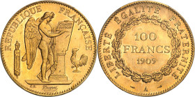 FRANCE
IIIe République (1870-1940). 100 francs Génie 1909, A, Paris.
Av. RÉPUBLIQUE FRANÇAISE. Génie ailé de la République debout à droite, gravant ...