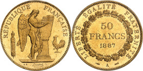 FRANCE
IIIe République (1870-1940). 50 francs Génie 1887, A, Paris.
Av. RÉPUBLIQUE FRANÇAISE. Génie ailé de la République debout à droite, gravant l...