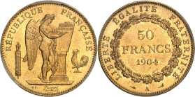 FRANCE
IIIe République (1870-1940). 50 francs Génie 1904, A, Paris.
Av. RÉPUBLIQUE FRANÇAISE. Génie ailé de la République debout à droite, gravant l...