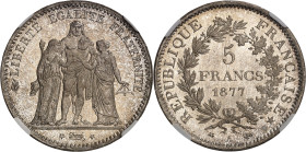 FRANCE
IIIe République (1870-1940). 5 francs Hercule 1877, A, Paris.
Av. LIBERTÉ ÉGALITÉ FRATERNITÉ. Hercule entre la Liberté et l’Égalité ; à l’exe...