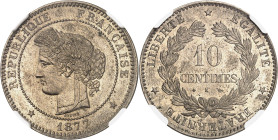 FRANCE
IIIe République (1870-1940). Épreuve de 10 centimes Cérès en maillechort 1877, K, Bordeaux.
Av. RÉPUBLIQUE FRANÇAISE (date). Tête de la Répub...