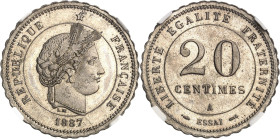 FRANCE
IIIe République (1870-1940). Essai de 20 centimes Merley, 2e type, sans faisceau ni rameau, flan “à 40 dents” 1887, A, Paris.
Av. RÉPUBLIQUE ...