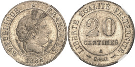 FRANCE
IIIe République (1870-1940). Essai de 20 centimes Merley, 2e type, flan rond, de poids lourd et perforations sur la tranche 1888, A, Paris.
A...