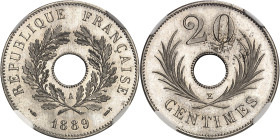 FRANCE
IIIe République (1870-1940). Essai de 20 centimes non signée, flan rond en nickel 1889, A, Paris.
Av. RÉPUBLIQUE * FRANÇAISE. Autour du trou ...