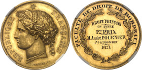 FRANCE
IIIe République (1870-1940). Médaille d’Or, École de droit de Bordeaux, 1er prix, par L. Merley 1871, Paris.
Av. REPUBLIQUE FRANÇAISE. Tête l...