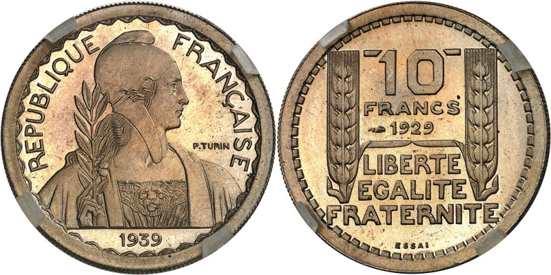 FRANCE
IIIe République (1870-1940). Essai de 10 francs Turin hybride 26 mm et p...