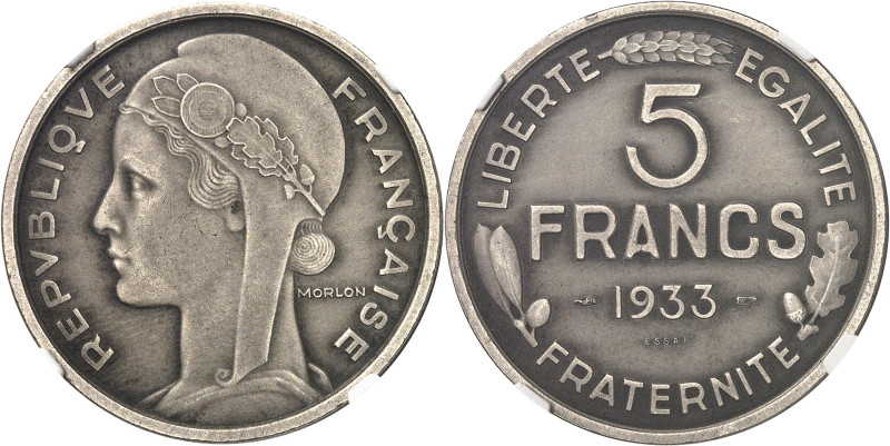 FRANCE
IIIe République (1870-1940). Essai de 5 francs Morlon en nickel, flan ma...