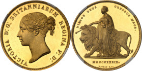 GRANDE-BRETAGNE - UNITED KINGDOM
Victoria (1837-1901). 5 livres (5 pounds) “Una and the lion”, bandeaux à 6 rouleaux et 11 feuilles, Flan bruni (PROO...