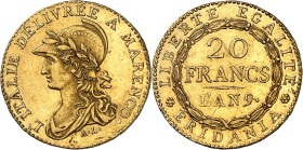 ITALIE - ITALY
Gaule subalpine (1800-1802). 20 francs Marengo An 9 (1801), Turin.
Av. L'ITALIE DÉLIVRÉE À MARENCO. Buste drapé à gauche de la Républ...